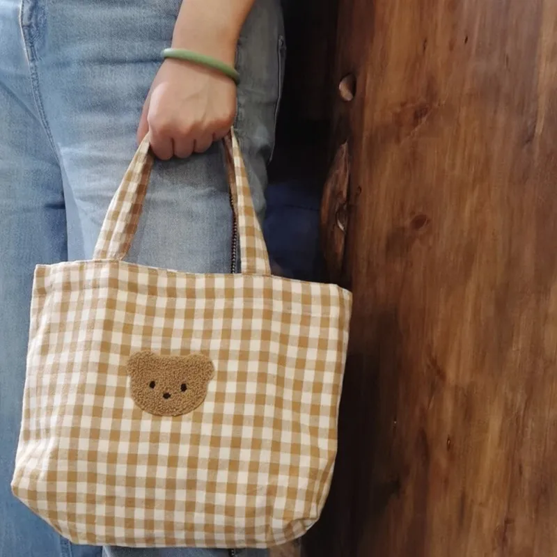 Portable Lunch Bag JMommy bag apanese Plaid Cotton Picnic Food Bag Women Simple Small Tote Korean Style Children Lunch Bags Kids 5