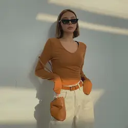 2019 Новая модная женская одежда, Сексуальная футболка с v-образным вырезом и длинными рукавами, облегающая приталенная рубашка с высокой