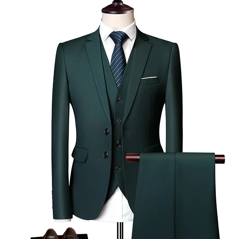 Элегантный свадебный или Выпускной костюм жениха для мужчин, зеленый приталенный смокинг,, Мужская официальная деловая рабочая одежда, костюмы, комплект из 3 предметов(пиджак+ брюки+ жилет - Цвет: Dark Green