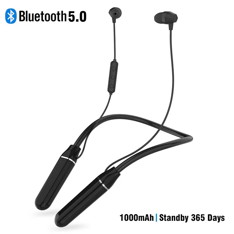 Black Bluetooth наушники с микрофоном, шейным ремешком, 1000 мА/ч, в режиме ожидания, 365 дней работы, 100 часов, 5,0, наушники, гарнитура с 3D эффектом, спортивные беспроводные наушники - Цвет: Black