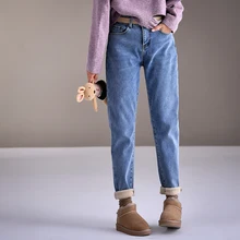 N6881 осенние и зимние прямые свободные светло-голубые джинсы с плотным бархатом стиль