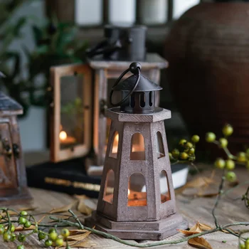 

Wood Metal Small Black Candle Holder Lantern Nordic Outdoor Iron Candle Holder Windproof Portacandele Table Candlestick KK60ZT