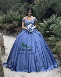Синие Сатиновые платья с цветочной аппликацией бальное платье vestido de 15 anos 2019 Vestidos De Quinceaneras с ручной работы