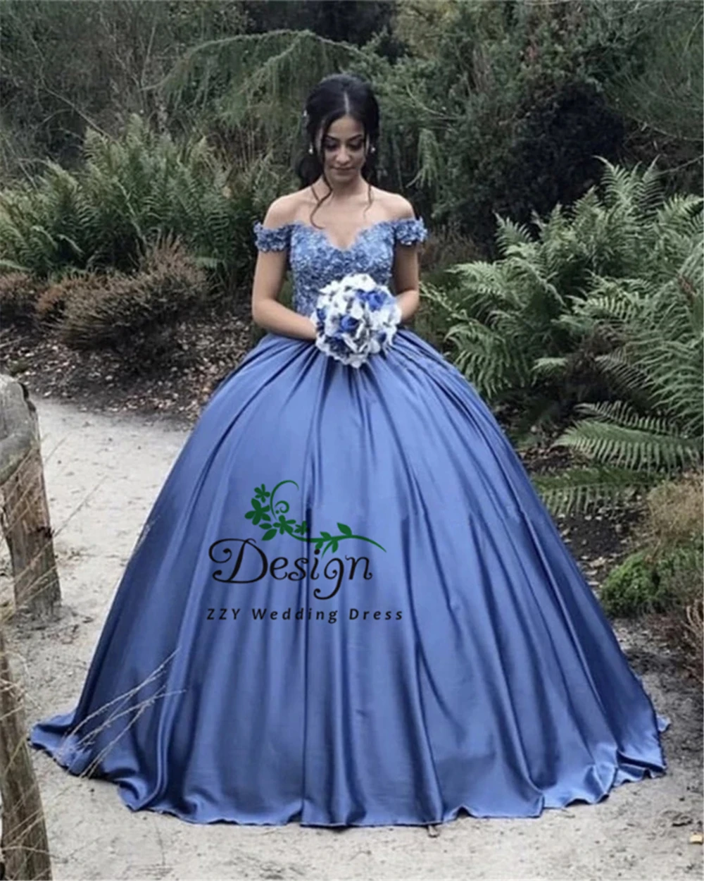 

Blue Satin Flowers Appliques Quinceanera Dresses Ball Gown vestido de 15 anos 2019 Vestidos De Quinceaneras With Handworks