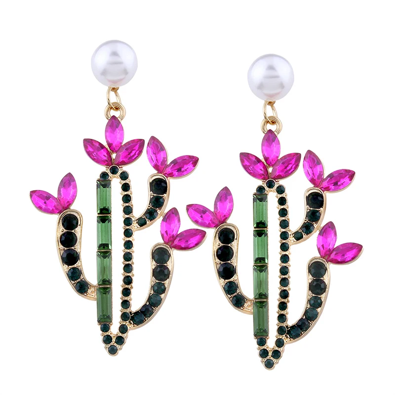 

Fashion Colorful Crystal Cactus Pearl Dangle Earrings Elegant Zinc Alloy Statement Earrings For Women Party Jewelry Bijoux
