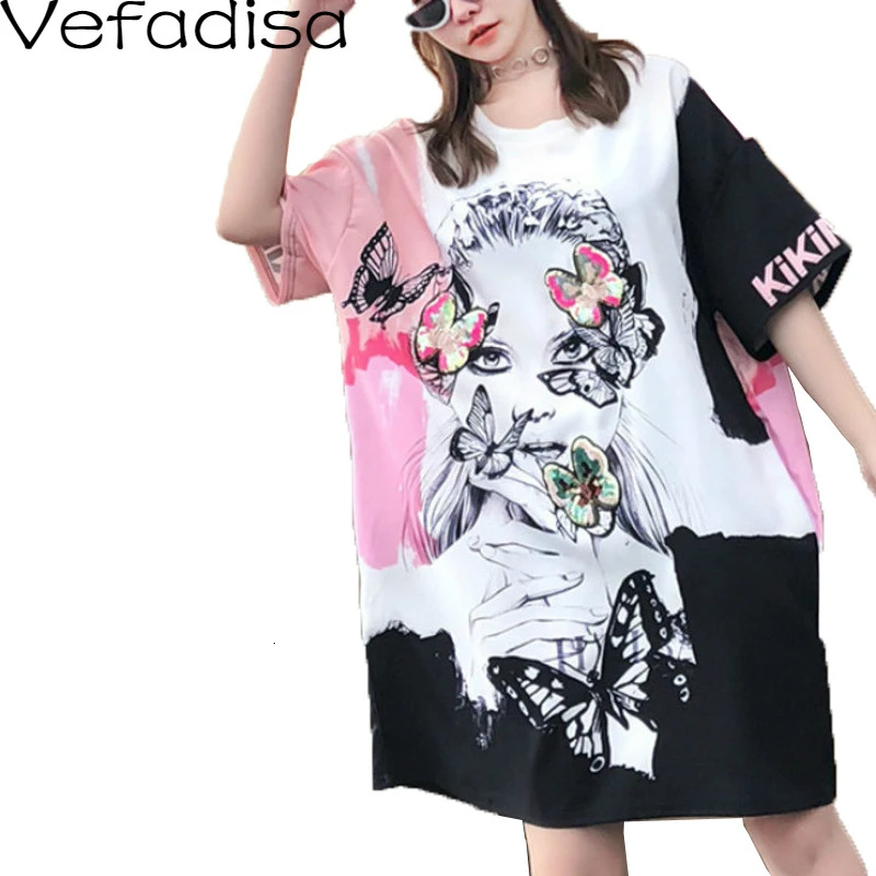 

Vefadisa 2018 Design Summer Women Print Character Pattern Dress Short Sleeve Dress Letter Sequins Butterfly Animal Dress AD1359