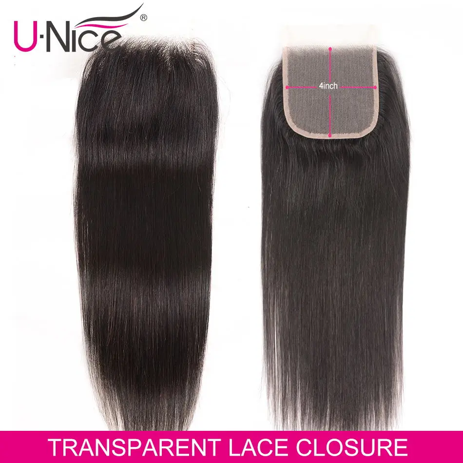

Unice Hair 4X4 Lace Closure Brazilian Straight hair Pre Plucked Closure Transparent Lace Remy Human Natural Color Black