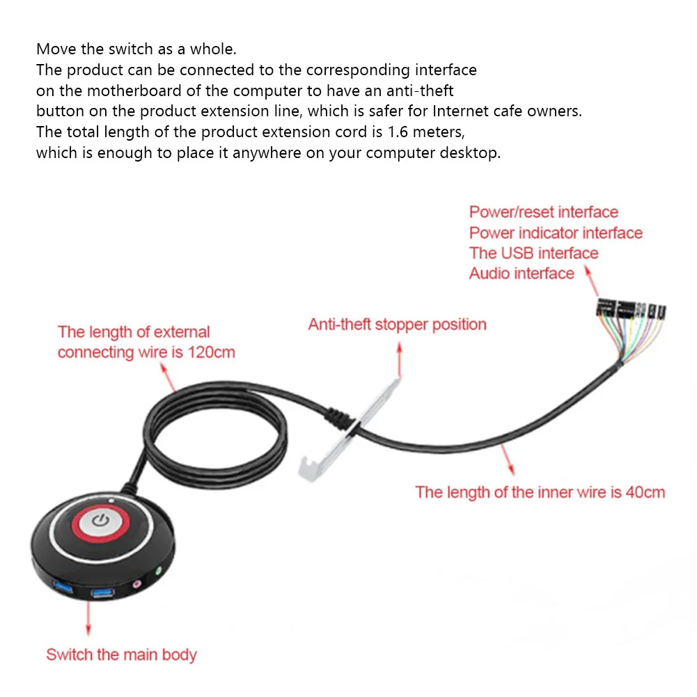 Enhance control with our Desktop PC Power Button Switch - Round Big Button with Cable and Bracket for seamless on/off and reset functionality. Description Image.