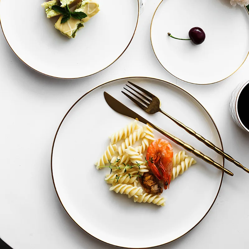 Brief Noridc Round Ceramic Plate Solid Gold Edge Porcelain Glaze Dinner Plate Western Steak Cake Dessert Tray Snack Dishes