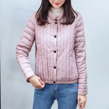 Pink Schinteon пуховик женский короткий ультра легкий утиный пух Верхняя одежда Полосатое повседневное пальто стоячий воротник - Цвет: Pink