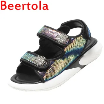 

Bling Sequined Hook & Loop Women's Sandals Platform Ladies Flats Bottom Crystal Party Shoes Women Summer Beach Two Style