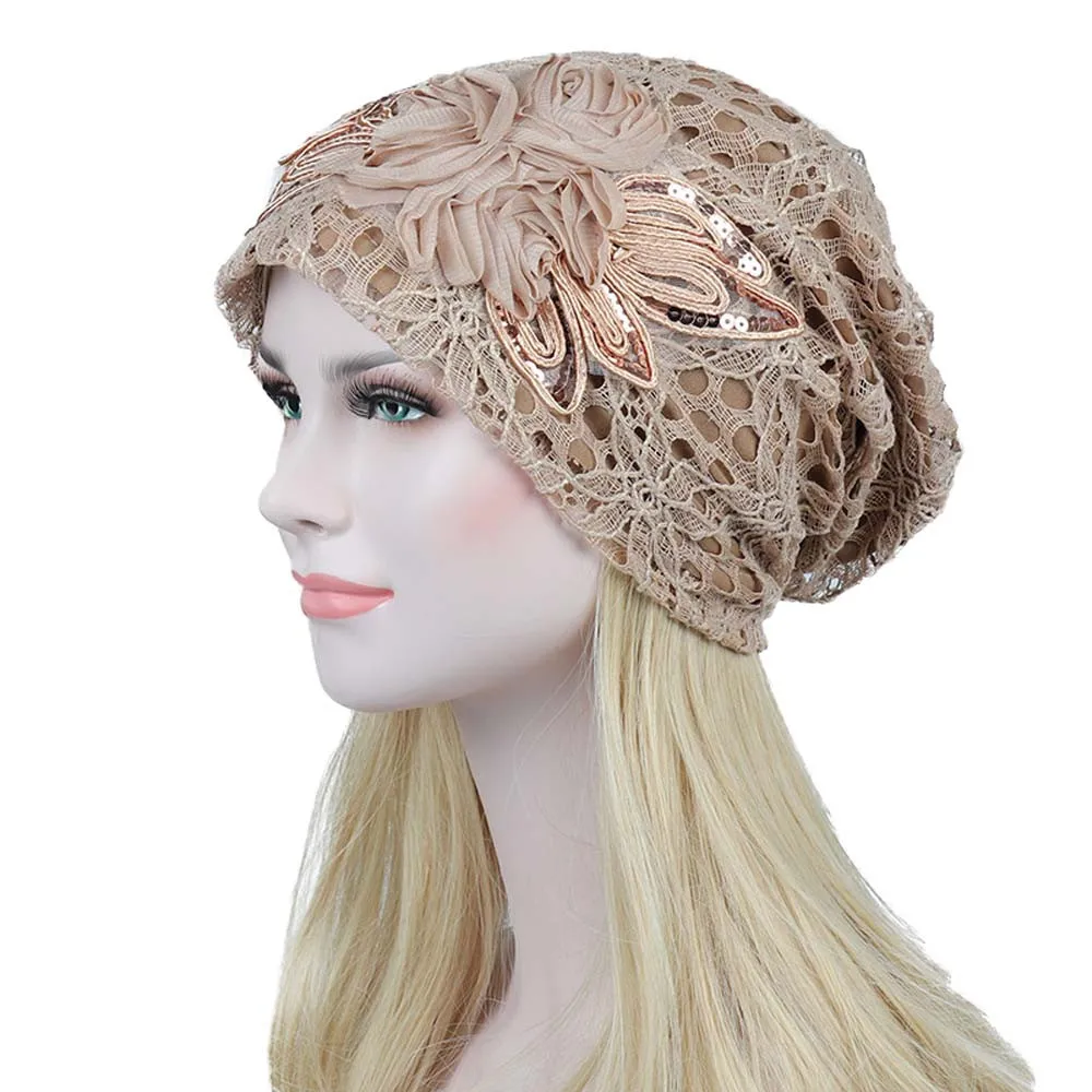 Зимние шапки для женщин с кружевными цветами Skullies Beanies, женские Мешковатые Головные уборы, повседневные одноцветные женские шапочки, женские шапочки