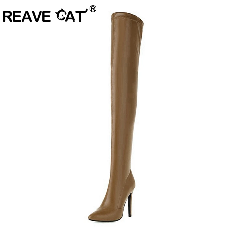 

Reave Cat Sexy Luxury Party Over Knee High Boots PU Leather Zipper Pointed Toe 12cm Stileeto Heel Ladies Plus Size 49 S2464