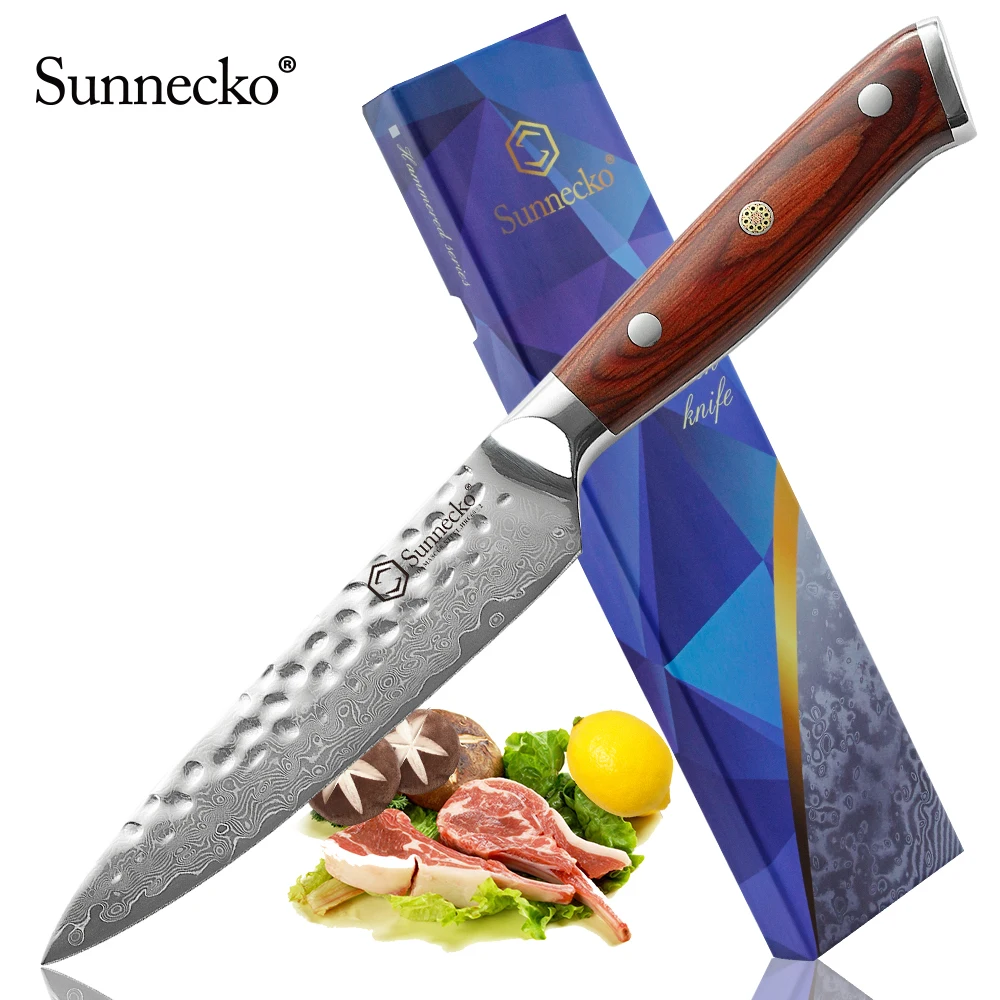 

Sunnecko 5" Utility Knife Damascus Steel Fruit Paring Razor Sharp Blade Japanese VG10 Steel Core Kitchen Knives Wood Handle
