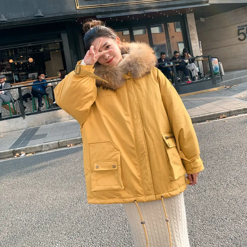 

Acz2019 Winter Short Workwear down Coat Cotton-padded Clothes Korean-style Loose-Fit Padded Large Fur Collar Cotton Coat