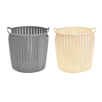 

2Pcs Round Storage Basket with Handle Debris Clothes Bucket Toys Books Organizer Plastic Organizer - Dark Gray & Beige