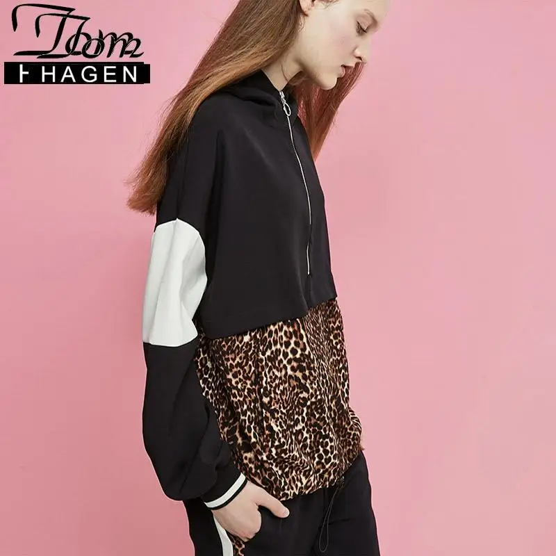 Женский спортивный костюм 2 шт. с леопардовым принтом в стиле пэчворк капюшоном