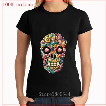 

Cute Candy Made Up Of Skull T-Shirt Novelty Sweet Food Design Mexican Skull Tees Camisetas women Creative Halloween Gift Tshirt