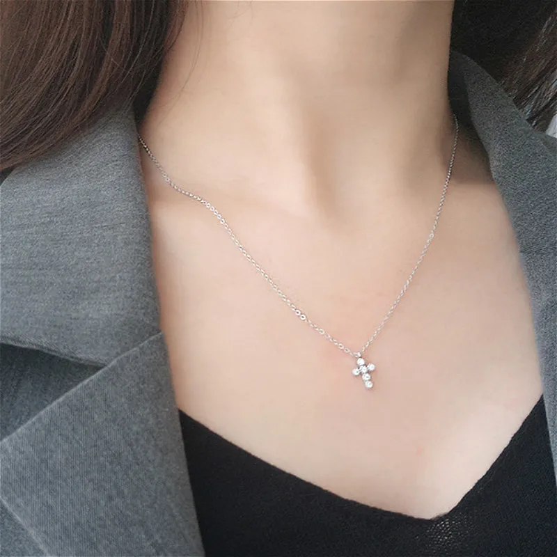 Fengxiaoling, новинка, модное мини серебряное ожерелье с крестом для женщин, 925 пробы, серебро, циркон, крест, кулон, ожерелье, корейское ювелирное изделие