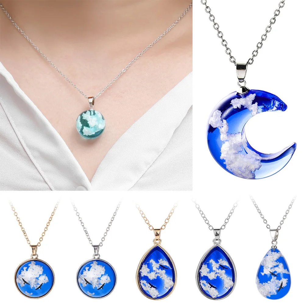 Женское Ожерелье с кулоном ручной работы белыми облаками и голубым небом из