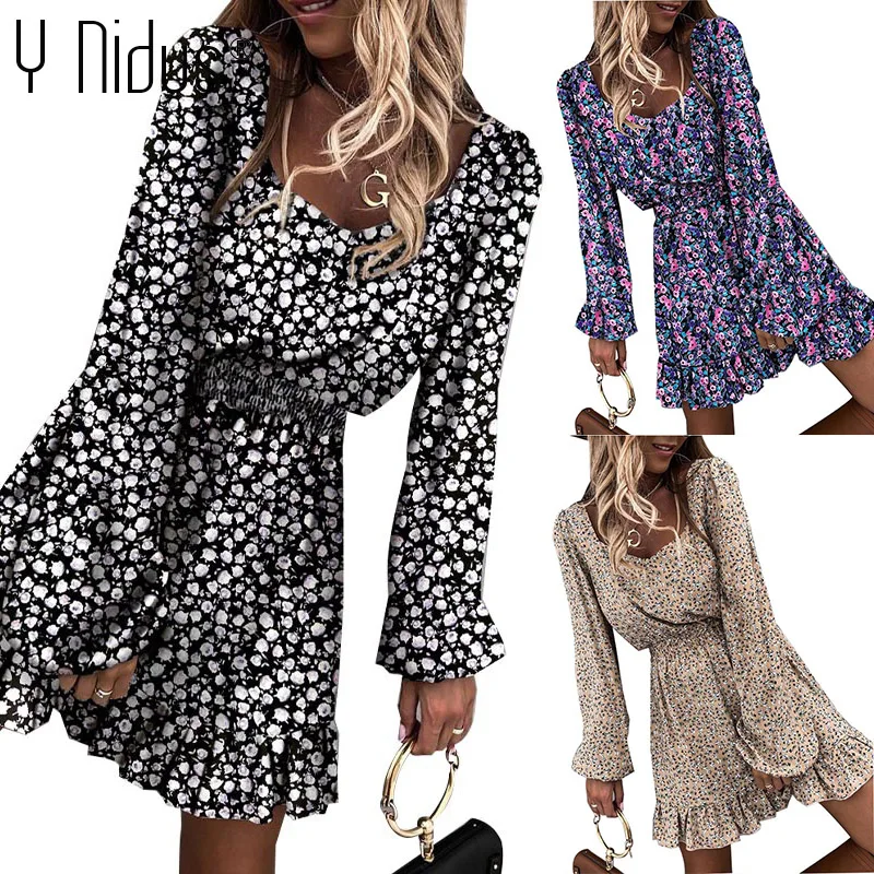 Y Nidus Autumn Dresses Women Print Square Collar Mini Dress Winter Boho Long Sleeve Flowy Swing Party Dress Loose Short Vestido