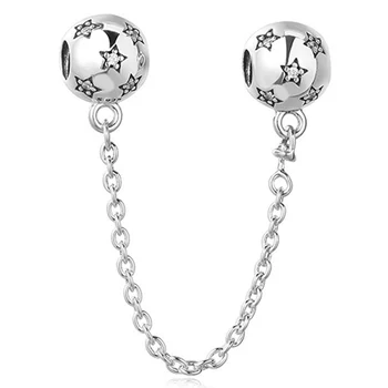 

Authentic 925 Sterling Silver Bead Charm Starry Night With Crystal Safety Chain Beads Fit Pandora Bracelet Bangle DIY Jewelry
