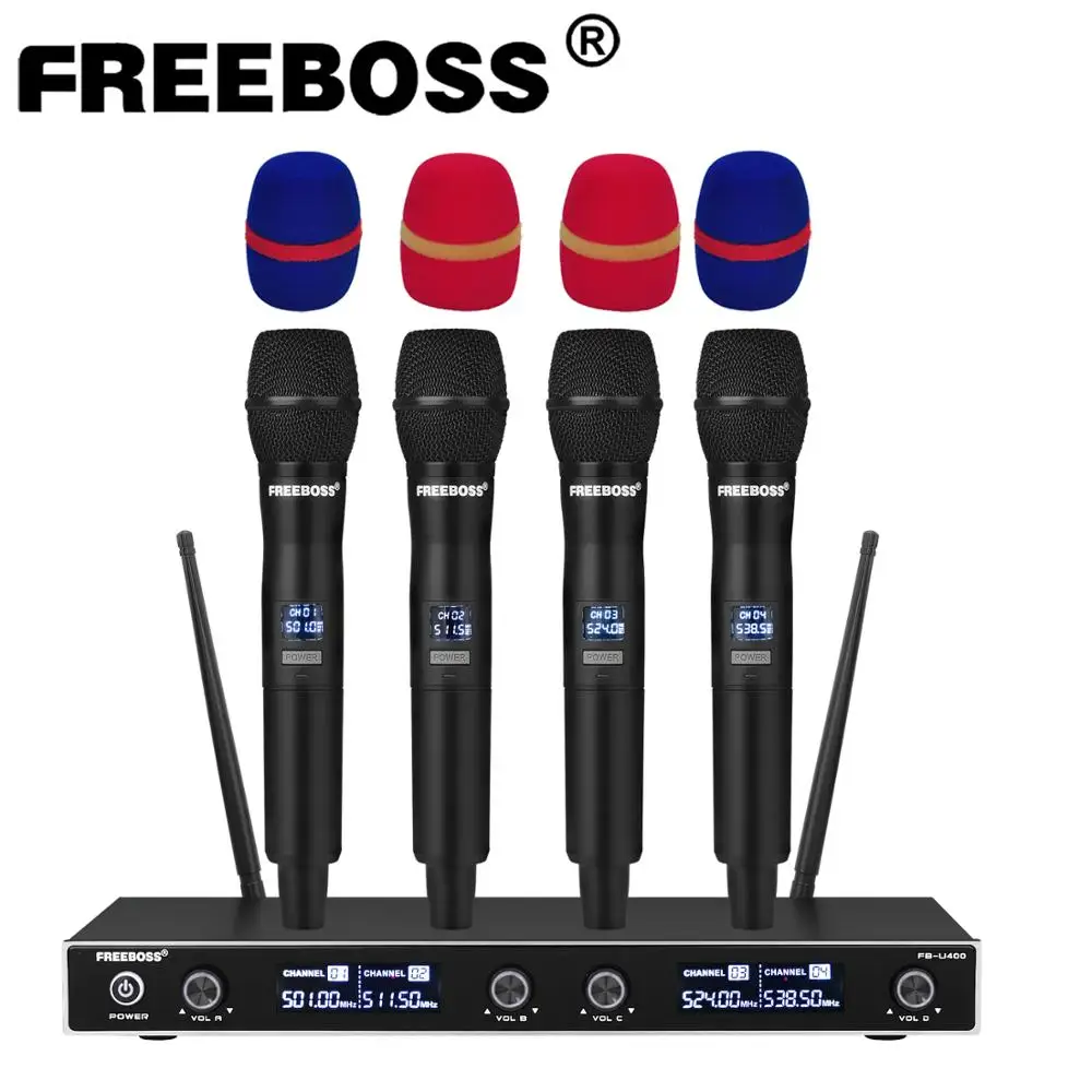 Беспроводной микрофон FREEBOSS Профессиональный 4 канальный ручной для караоке с