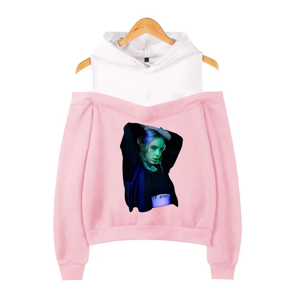 KPOP Billie Eilish розовые толстовки женские с длинным рукавом с открытыми плечами толстовки с капюшоном Harajuku спортивный костюм уличная хип-хоп одежда