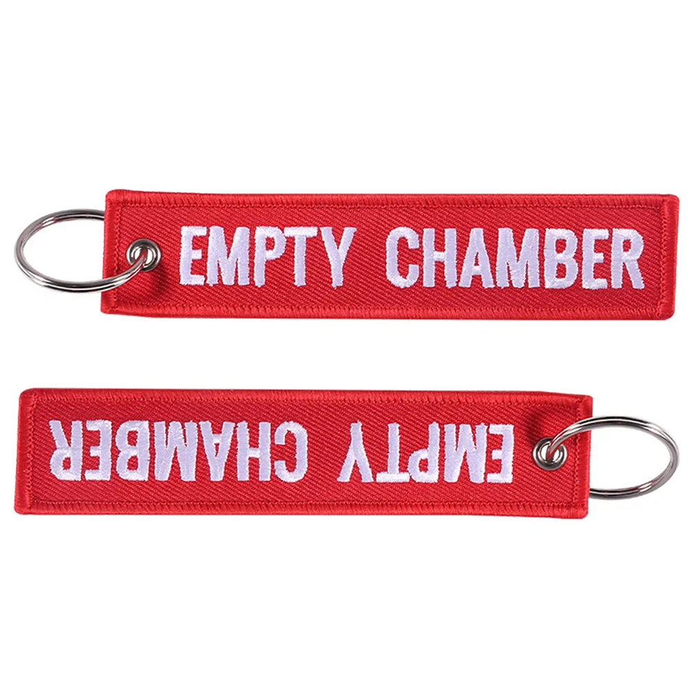 6pcs Empty Chamber Keychain REMOVE BEFORE PEW PEW Double Side Embroidered Key Fobs Hook Loop Key Chain for Aviation Tag Gun Safe