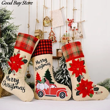 

Socks Shape Drawstring Bags Christmas Gift Bag Candy Biscuit Packing Pouch Happy New Year Party Tree Decoration Bag Ornaments