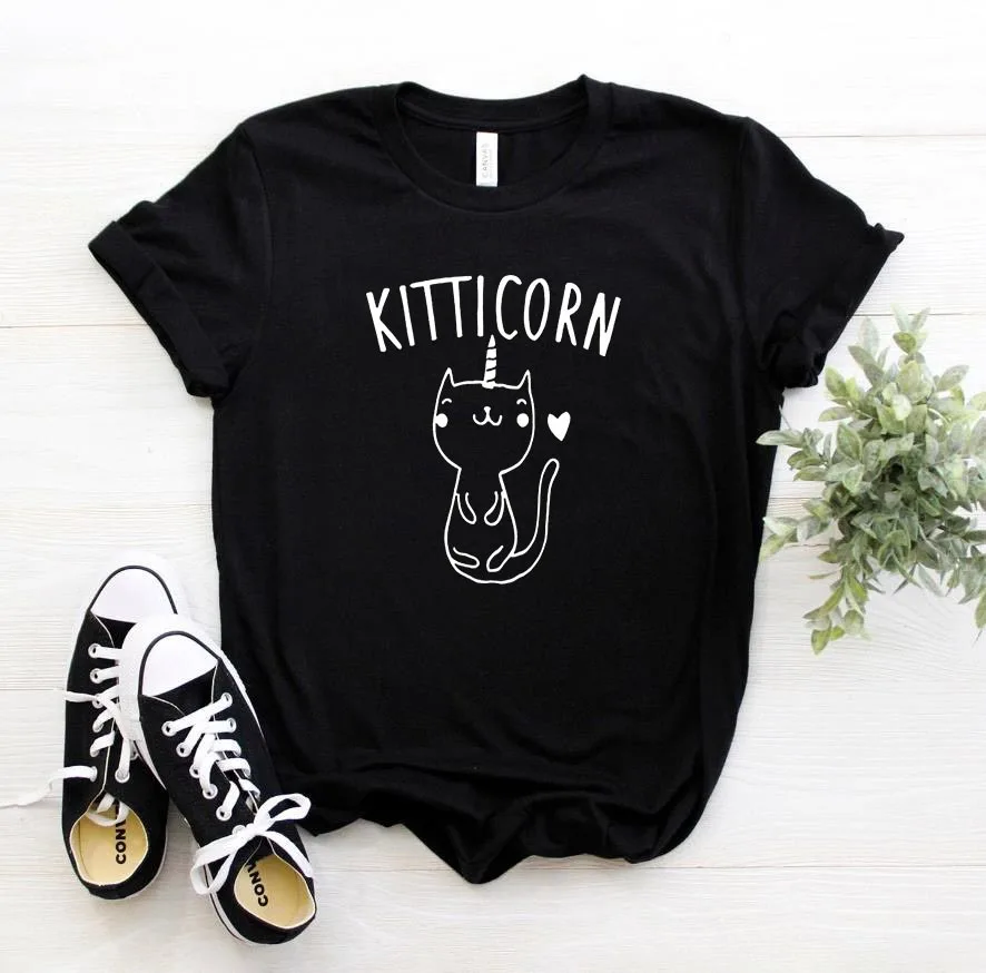 KITTICORN, котенок, единорог, кошка, принт, женская футболка, повседневная, хлопок, хипстер, забавная футболка для девочек, топ, футболка, 6 цветов, Прямая поставка, BA-53