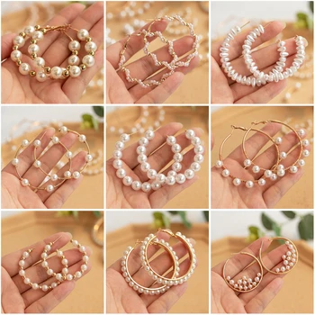 

New Fashion Bohemian Simple Gold color Pearl Hoop Earrings Big Circle Geometric Hoops Statement Earrings For Women Party Jewelry