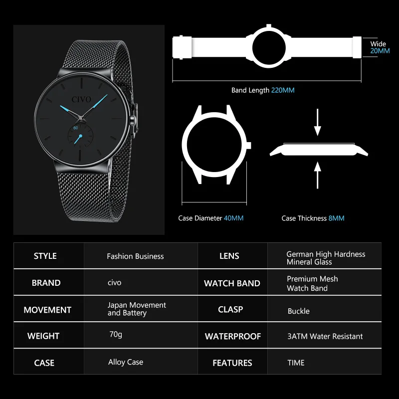 Reloj Hombre CIVO, новинка, мужские часы, Лидирующий бренд, роскошные кварцевые наручные часы, мужские сетчатые стальные водонепроницаемые спортивные часы, Relogio Masculino