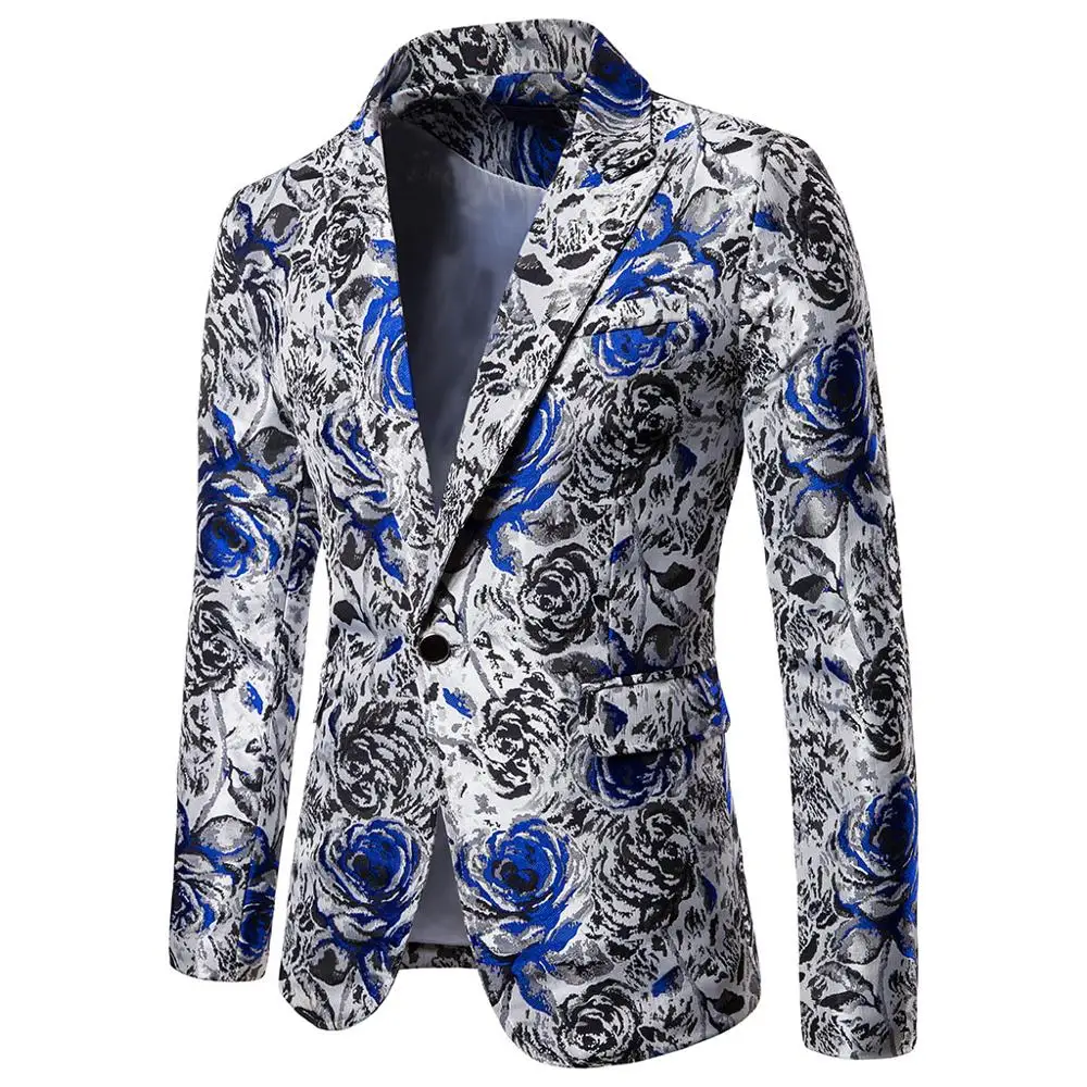 2019 High Quality Jacquard Rose Floral Pattern Casual Blazer Hombre Fashion Men Terno Masculino Slim Fit Suit Jacket Homme