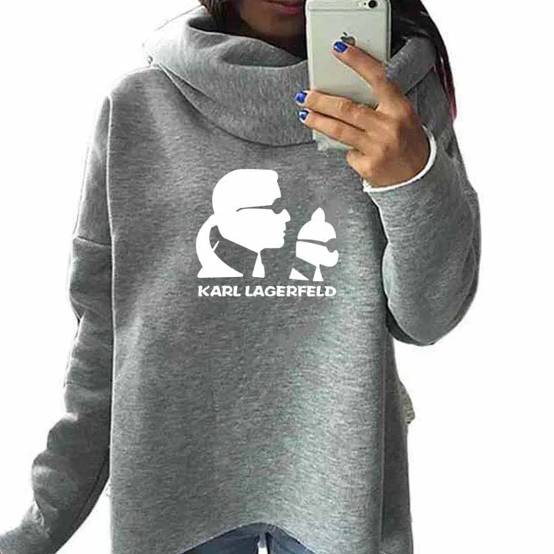 

2019 Fashion Scarf Collar Vintage Casual Cartoon Karl Lagerfeld Printed Sweatshirts Crop Female Oversized Hoodies Women Clothes