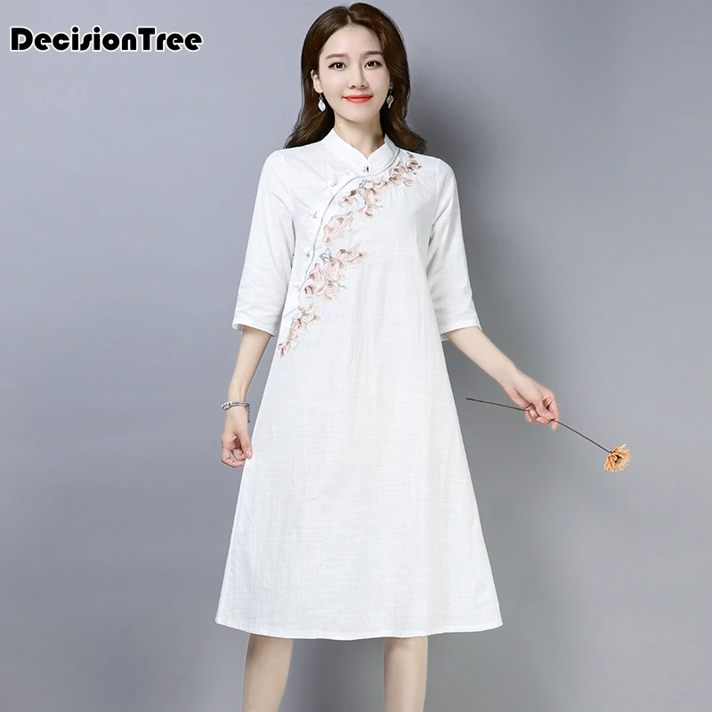Китайское платье, женское, цветочное, свадебное, qipao, винтажное, воротник-стойка, хлопок и лен, cheongsam, плюс, половина рукава, вечернее платье