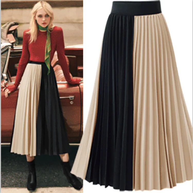 

Sheinside Casual Colorblock Elastic Waist Pleated Skirt Women 2019 Summer High Waist A Line Skirts Ladies Patchwork Midi Skirt