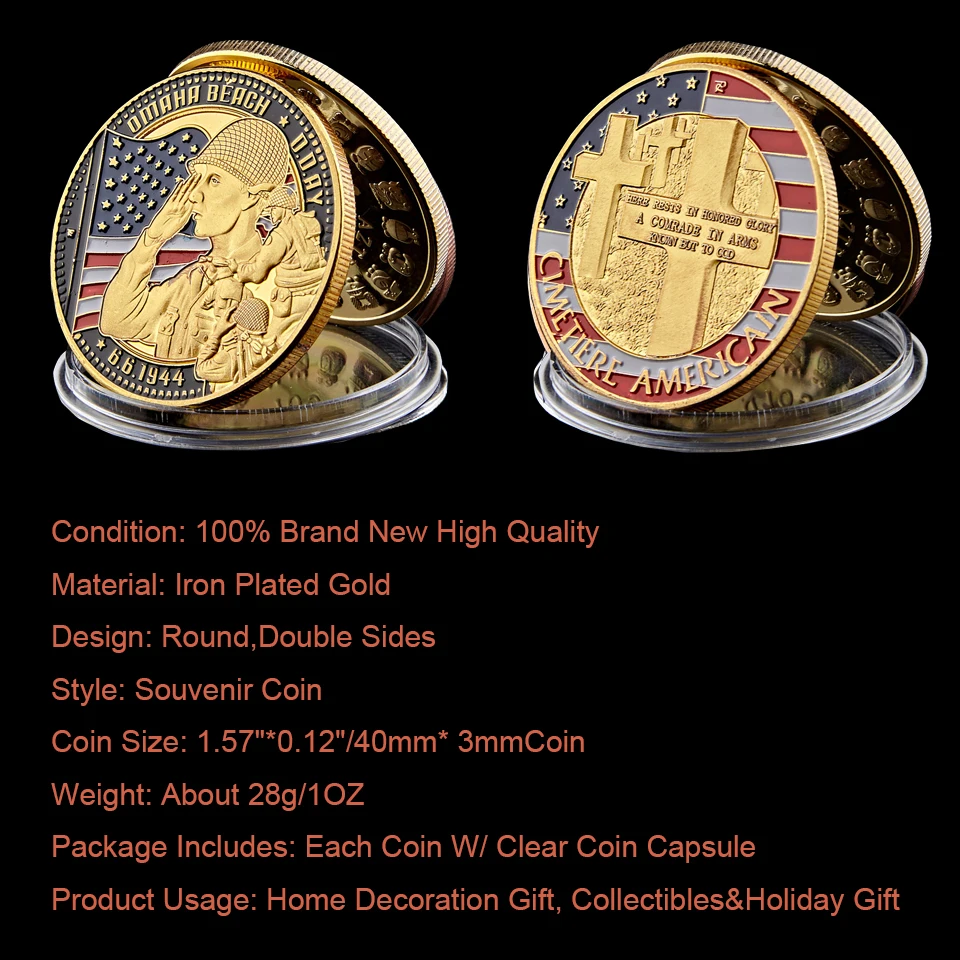 WW II 1944.6.6 D-Day Omaha Beach Gold Plated Souvenir Cimetiere American Military Challenge Coin Collection
