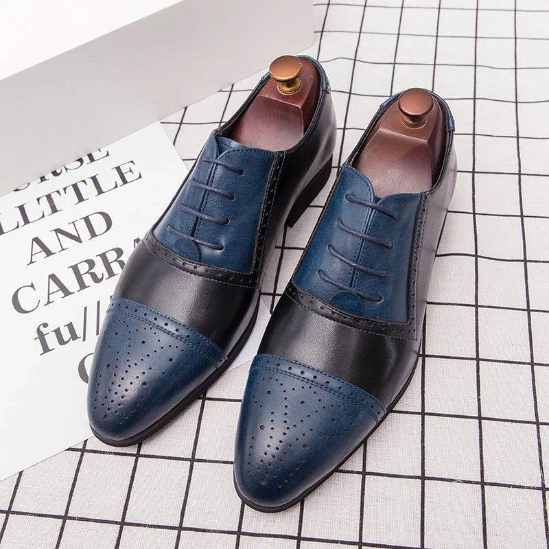 Мужские модельные туфли итальянского размера плюс; Роскошные модные мужские туфли-оксфорды на шнуровке в деловом стиле; свадебные кожаные туфли с острым носком - Цвет: Black Blue