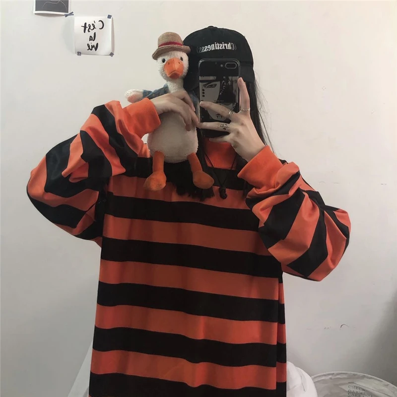 Harajuku style casual oversize bf striped pullovers fashion brand new vintage ulzzang hoodies women o-neck ladies Sweatshirts
