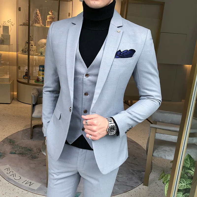 Warm Thick Set Men's Autumn And Winter Plus Size British Plaid Suit Male Korean Version Of The Self-cultivation Three-piece