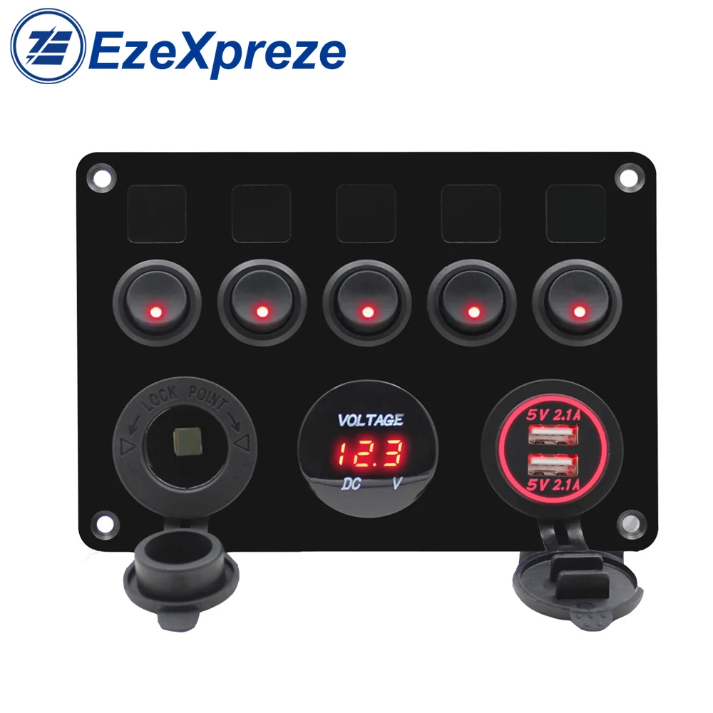 

5 Gang Boat Switch Panel 12V Power Outlet Voltmeter 4.2A Dual USB Charger for Car Boat Marine RV Rocker Panel Switches