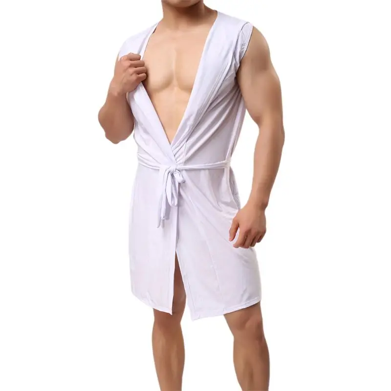 Мужское Летнее шелковое кимоно с капюшоном без рукавов с открытым передом, Легкая однотонная Пижама с поясом B0KD - Цвет: White