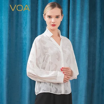 

VOA silk perspective jacquard stand neck, Raglan bat long sleeve, single row, one piece, Y-shaped loose thin shirt B9261