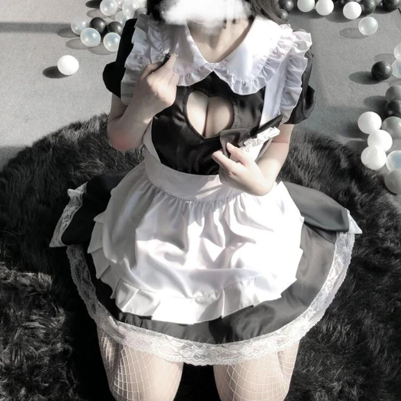Lovely Maid Dress Anime Black White Apron Dress Girl Lolita Heart Hollowed Dresses Cafe Cosplay Costume Горничная Mucama