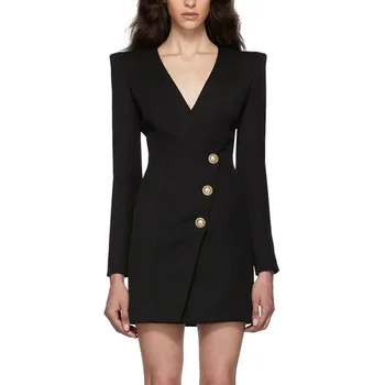 

2020 Latest Simple Classic Lion Metal Button V-neck Cool Tailoring Dress