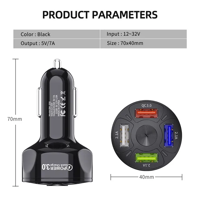 USLION 4 Ports USB Car Charge 48W Quick 7A Mini Fast Charging 5