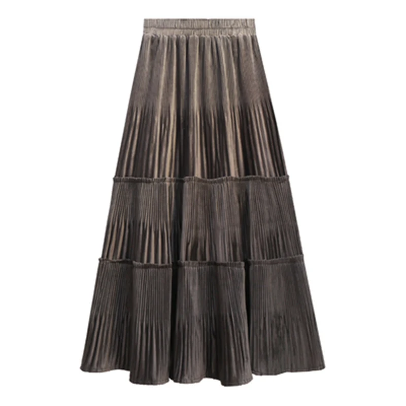 Новинка, осенняя Женская бархатная плиссированная юбка средней длины, зимняя черная Повседневная комбинированная Дамская длинная юбка с эластичным поясом, Женская юбка