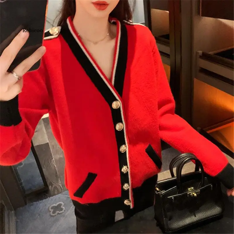 

Contrasting Color Knitted Cardigan Women Loose Lazy Casual Red Sweater Coat V-Neck Striped Autumn Winter Pockets Female