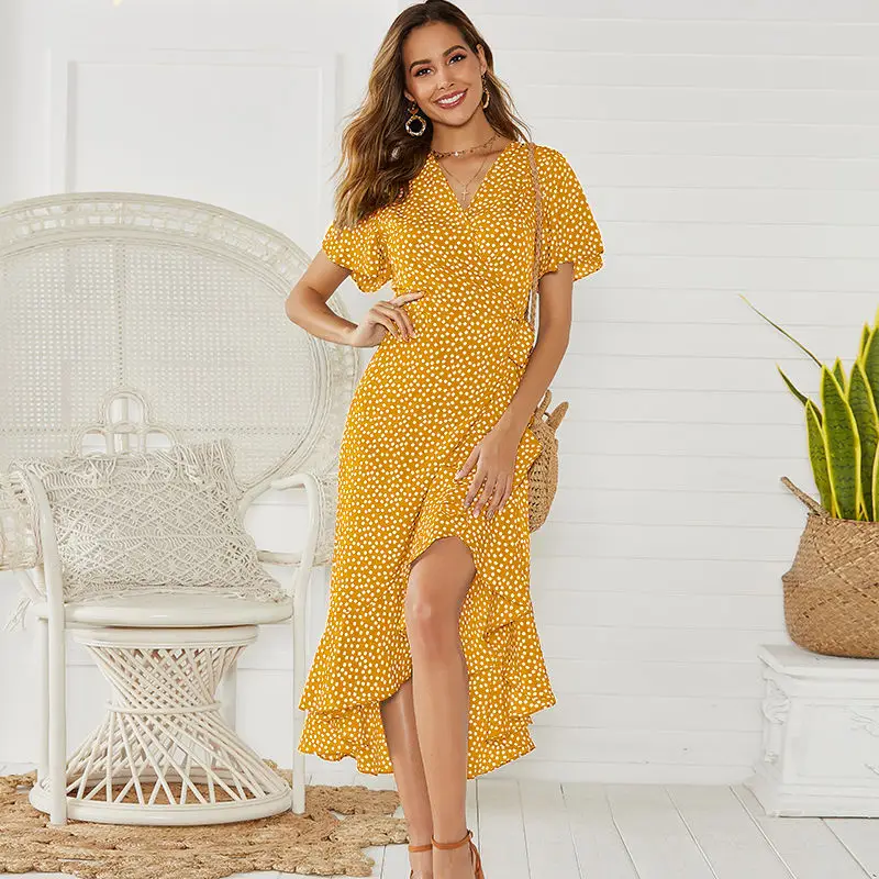 Summer Beach Maxi Dress Women Floral Print Boho Long Ruffles Wrap Casual V-Neck Split Sexy Party Robe Femme | Женская одежда